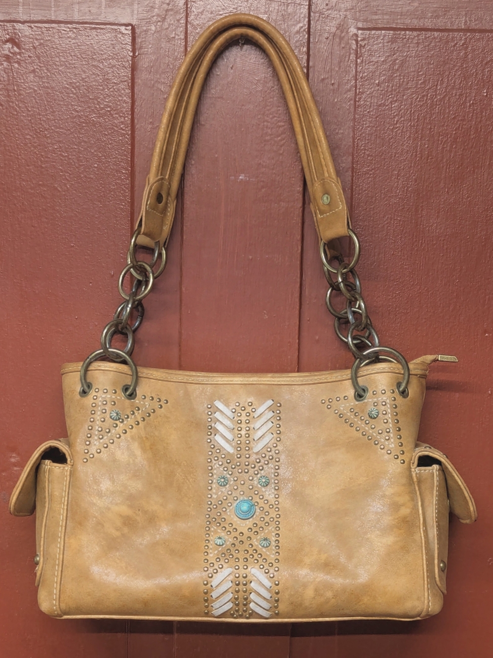 Tan Conceal Carry Shoulder Bag with  Matching Wallet & Turquoise Stone Accents